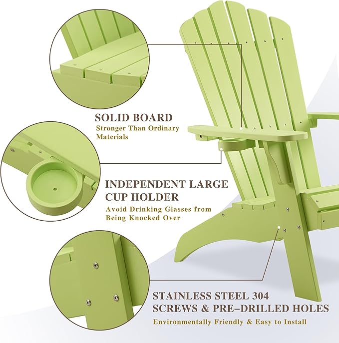 Psilvam Adirondack Chair, Oversized Poly Lumber Fire Pit Chair with Cup Holder, 350Lbs Support Patio Chairs for Garden, Weather Resistant Adirondack Chair Looks Like Real Wood (2, Green)