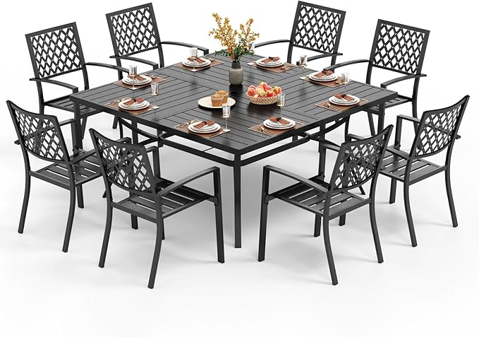 PHI VILLA 9 Piece Patio Dining Set, Metal Outdoor 60'' Square Table Furniture Set with 6 Backyard Armrest Stackable Chairs, Table with 1.57'' Umbrella Hole for Patio, Deck, Black