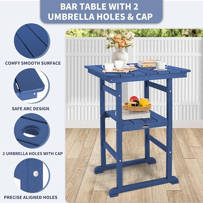 FUNBERRY Outdoor Bar Set with Umbrella Holes, Tall Adirondack Chairs and Table, All Weather HDPE Bar Height Outdoor Table and Chairs Set for Bistro Patio Balcony