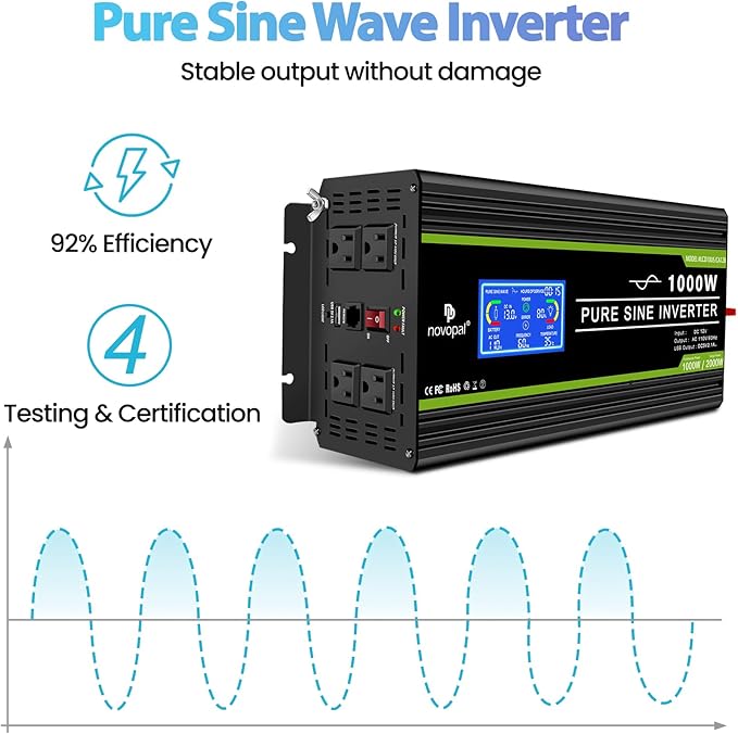 Novopal 1000 Watt Pure Sine Wave Power Inverter 12V DC to 110V/120V AC Converter- 4 AC Outlets Car Inverter with 1 USB Port-16.4 feet Remote Control,Two Cooling Fans and LCD Display Black
