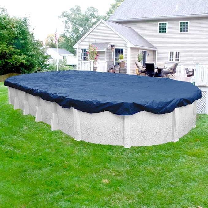 Pool Mate 12 x 24 ft Extra-Strength Blue Winter Oval Pool Cover for Above Ground Pools, 4 ft Overlap (16 x 28 ft Cover Size), Solid 12 x 12 Scrim, 3.7 oz/yd2, 15-Year Warranty, Style: 271224-4PMA