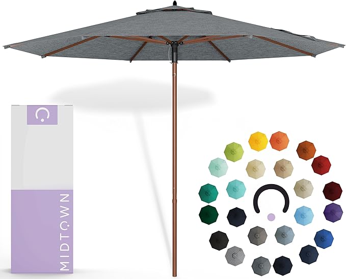 Midtown Umbrellas The Wooden 10 Feet Patio Umbrella With Sunbrella Cast Slate Acrylic Fabric - Aluminum Frame Market Umbrella For Backyard, Deck, Garden, Pool - Wooden Pole