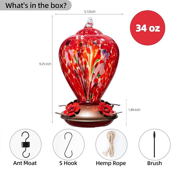 2 Packs Hummingbird Feeders for Outdoors Hanging Ant and Bee Proof, 34OZ & 32OZ Hand Blown Glass Hummingbird Feeders for Outside, 2 Red