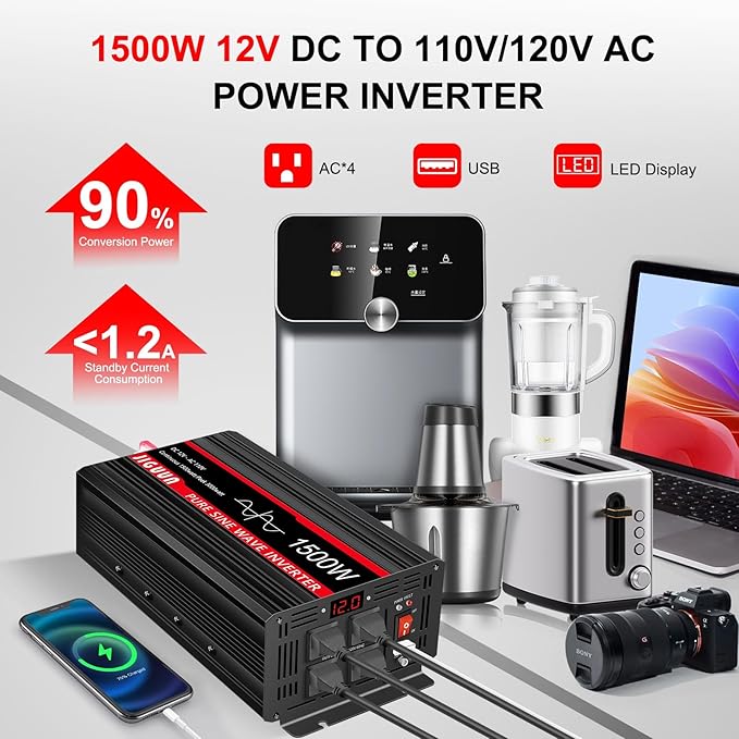 JIGUUN 3000W PeakPure Sine Wave Power Inverter 1500 Watt,12v DC to 110/120v AC Inverter 3 AC & USB Output,Power Converter LED Display for Home RV Camping Outdoor Car Truck