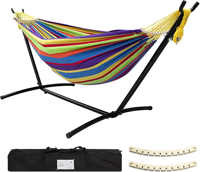SZHLUX Double Hammocks with Stand for Outside 450lb Capacity Steel Stand, Premium Carry Bag Included and Two Anti Roll Balance Beam