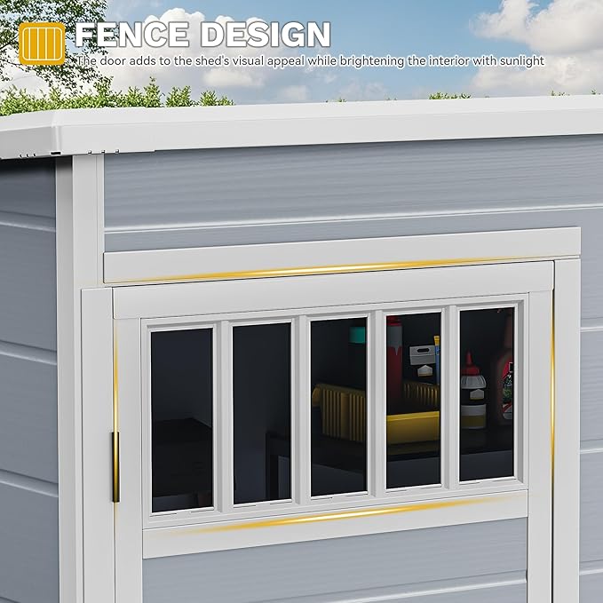 DWVO 5x3FT Outdoor Storage Shed with Fence-Style and Side Windows, Floor, Lockable Doors, Plastic Storage Shed for Backyard and Garden, Gray