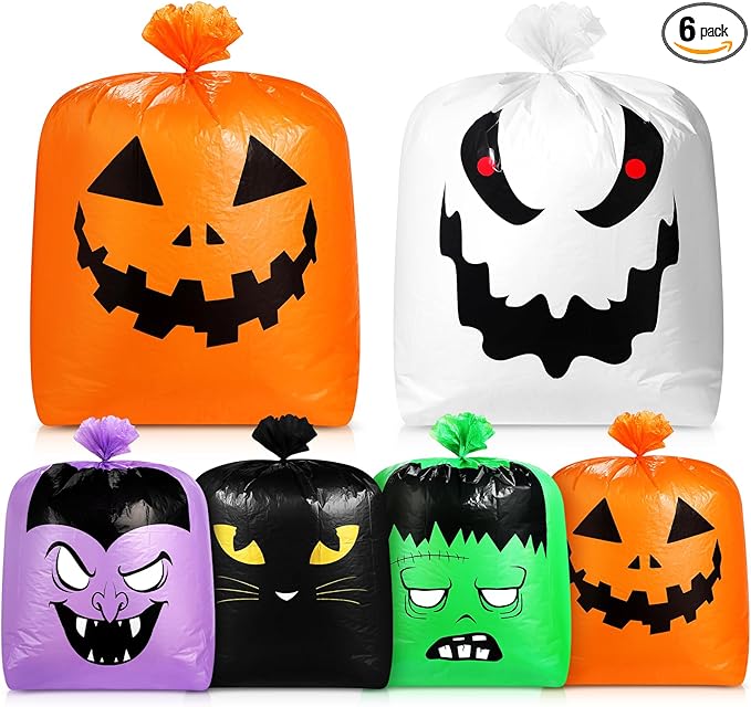 Qilery 6 Pcs Halloween Leaf Lawn Bags Plastic Pumpkin Trash Bags for Leaves with Twist Ties for Halloween Yard Garden Outdoor Party Favors Decorations