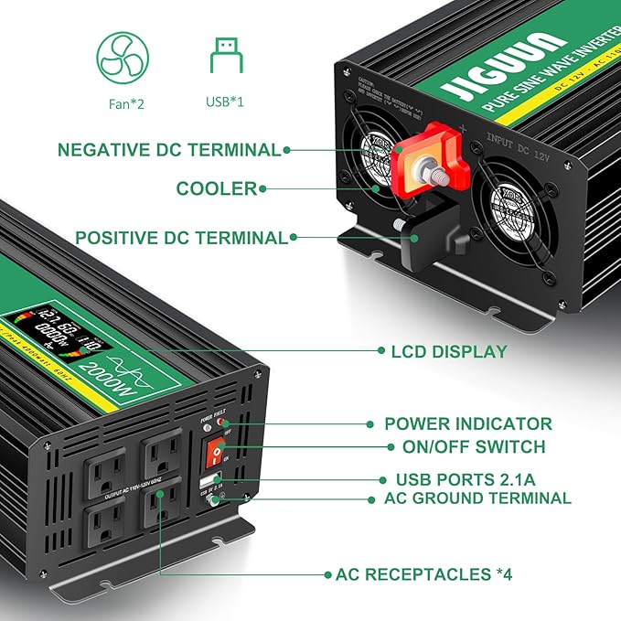 JIGUUN Power Inverter 2000 Watt, DC 12V to AC 120V Pure Sine Wave Inverter with LCD Display, 4 AC Outlets&USB Output, Power Converter with Remote Control for RV Emergency Camping. (PRO2000W-12)