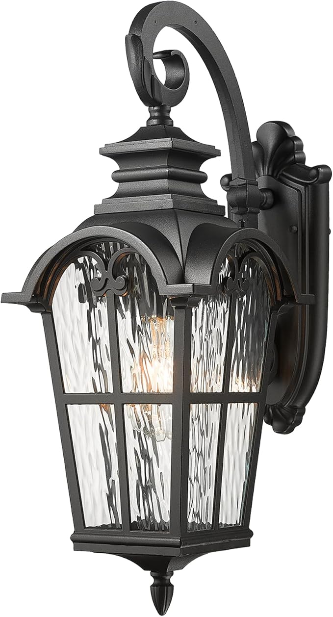 Outdoor Wall Sconce Light Exterior Lighting Fixtures in Black Finish 31 Inch Height Large Size Outdoor Wall Lights with Water Ripple Glass E26 Socket Waterproof