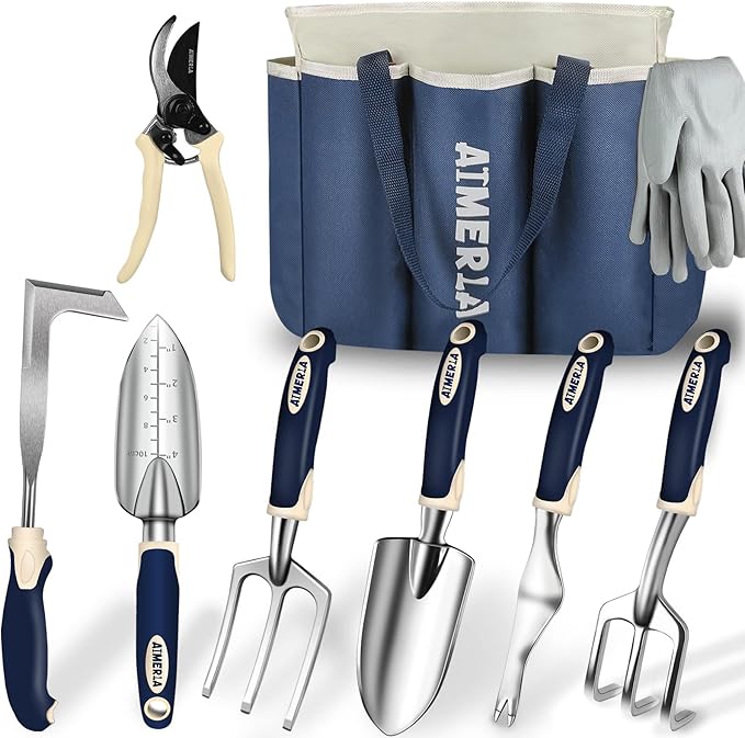 Aimerla Gardening Tools Set of 9 Heavy Duty Garden Tools with Non-Slip Rubber Grip with Large Garden Bag, Durable for Garden, Weeding, Gifts for Women,Men