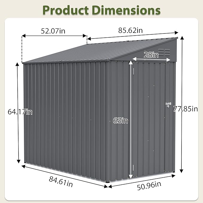4×7 Ft Lean to Shed, Small Metal Outdoor Storage Shed, 0.25mm Galvanized Steel Metal Garden Tool Shed Waterproof with Lockable Door for Backyard, Patio, Garden, Grey