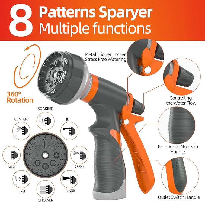 SPECILITE Garden Water Hose 100 ft x 5/8 in Heavy Duty, Flexible and Lightweight, Burst 600 psi, Kink-less Hybrid Rubber Pipe for Backyard, 3/4'' Brass Fittings, Orange