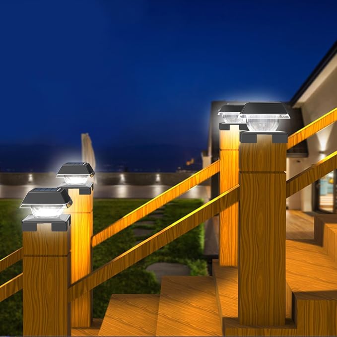 INDARUN 4x4 Post Solar Lights, Fence Deck Post Solar Outdoor Lights Fit 4x4 5x5 6x6 Wood Posts/4x4 Vinyl Posts Caps, Cold White & Warm White, 120 Lumen, for Patio Porch Garden Landscape Lighting