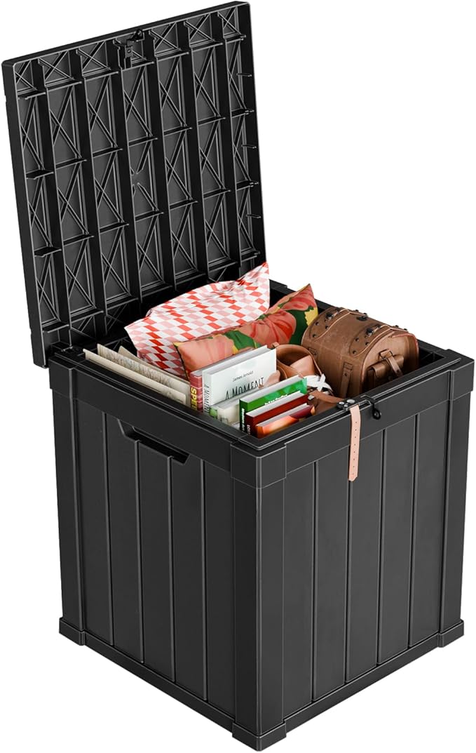 51 Gallon Outdoor Deck Box,Storage Lockable Waterproof Patio Furniture,Garden Tools,Cushions,Pool Accessories Outside Storage Resin Box(Black)
