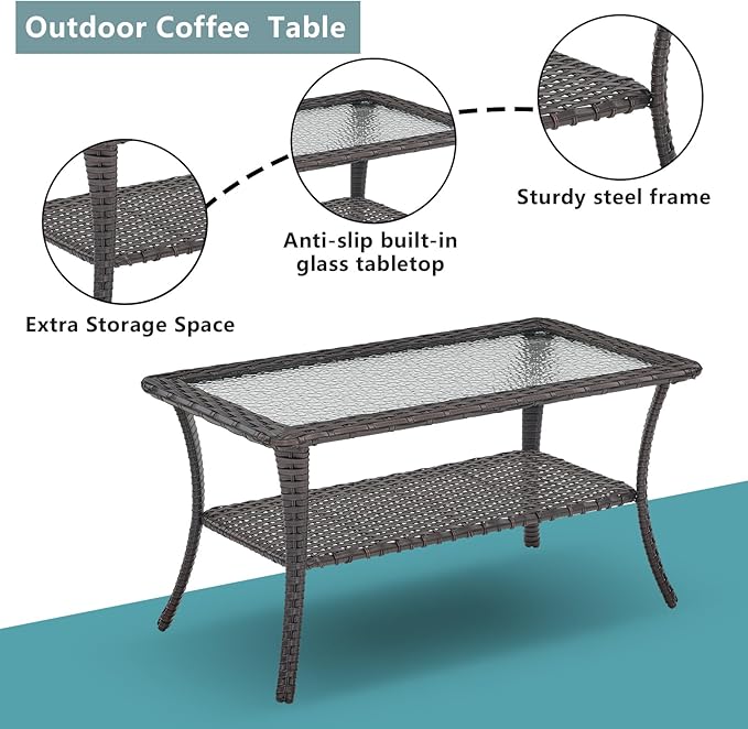 Outdoor Wicker Patio Furniture Set - 6 Piece Rattan Patio Conversation Set with 2 Rocking Swivel Chairs,2 Ottomans,1 Loveseat and 1 Coffee Table for Porch Deck Backyard Garden(Brown/Grey)
