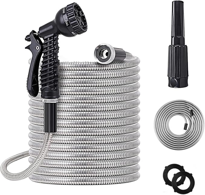 50ft Metal Garden Hose Stainless Steel Heavy Duty Water Hose With 2 Nozzles, No Tangle and Kink, Lightweight & Flexible, Tough and Pet Proof, Metal Garden Hose for Yard, RV, Garden, Outdoor
