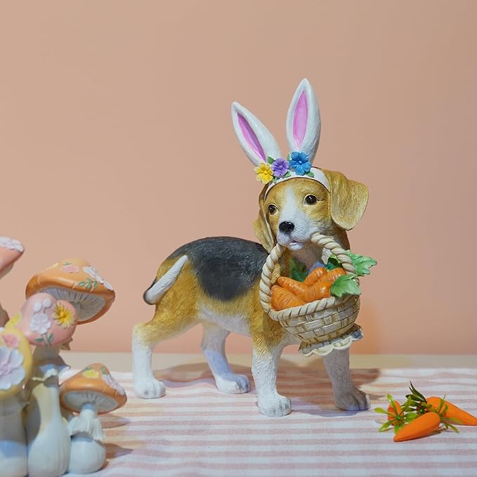 Cynkeyee Dog Garden Statue Decoration - Cute Puppy Beagle Statues with Bunny Ears Carrot Basket Figurines for Tabletop Self Floor Indoor Decor 11.5x4x10.5 inch