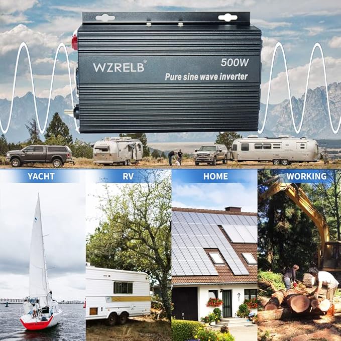 WZRELB 500W Pure Sine Wave Inverter 12VDC to 120VAC Solar Power Converter Truck RV Home LCD Display