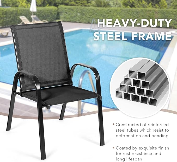 Tangkula 4 Piece Patio Dining Chairs, Outdoor Bistro Chairs W/Curved Armrests, Easy-to-Dry Fabric, Reinforced Steel Frame, Wide & Comfortable Camping Chairs for Garden, Poolside, Backyard (2, Black)
