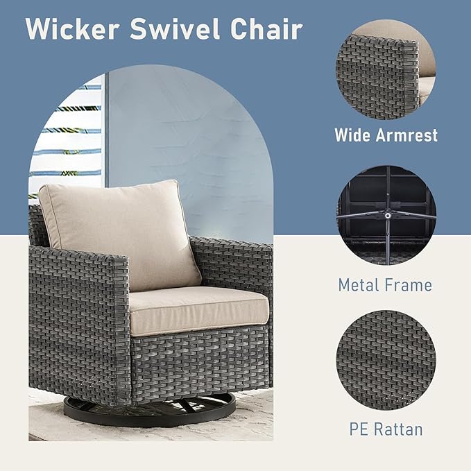 Wicker Patio Furniture Set：7 Piece Outdoor Patio Furniture Set with 2 Swivel Patio Chairs 2 Single Chairs a Coffee Table and 2 Ottomans, Grey Wicker/Beige Cushion