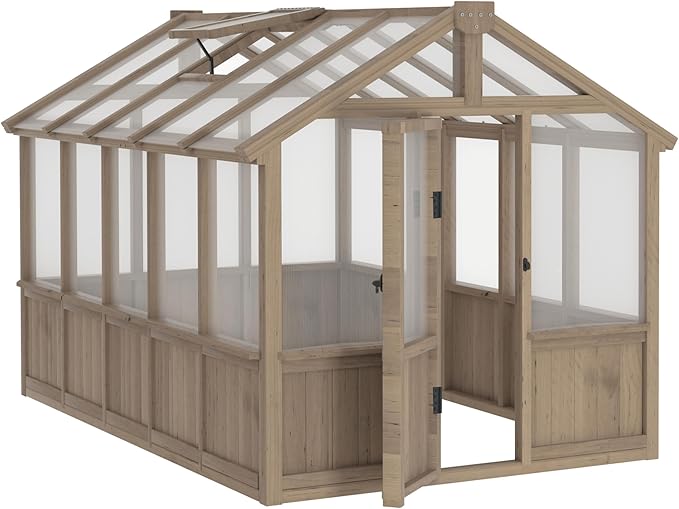 Mupater 6'x10' Wooden Greenhouse for Outdoor, Heavy Duty Green House Kit with Ventilated Window and Lockable Door, 6mm MWPC Panels for UV Protection, Walk-in Greenhouse for Backyard, Patio, Lawn