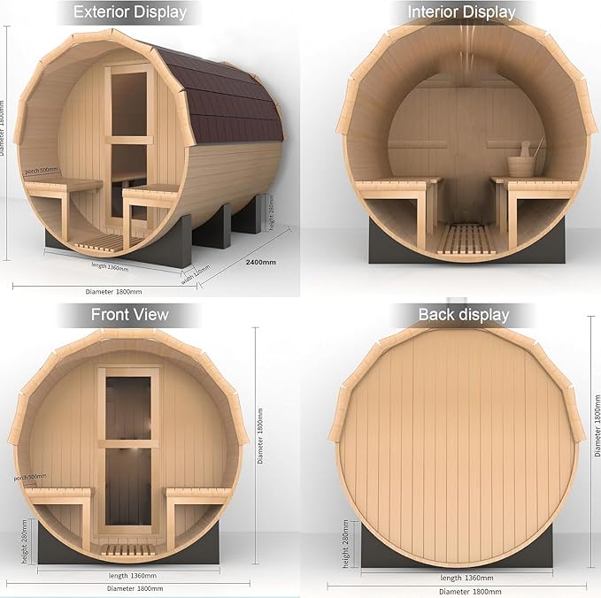 Outdoor Barrel Sauna, 6 Person Wood Steam Saunas Room with Porch, 6kw Toule Electric Heater with Sauna Stone, Canadian Pine, Roof, 94.48”*70.86“*70.86“ (Pine)