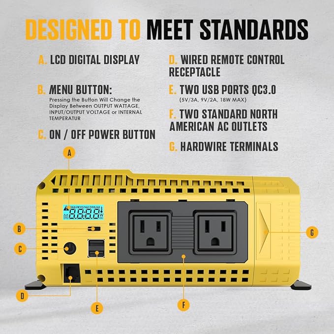K KRIËGER 1100W Pure Sine Wave Inverter 12V DC to 120V AC Converter for Home, RV, Truck, Off-Grid Solar Power 12V to 110V with Built-in 5V/2.1A USB Port, AC Hardwire Port, Remote Controller