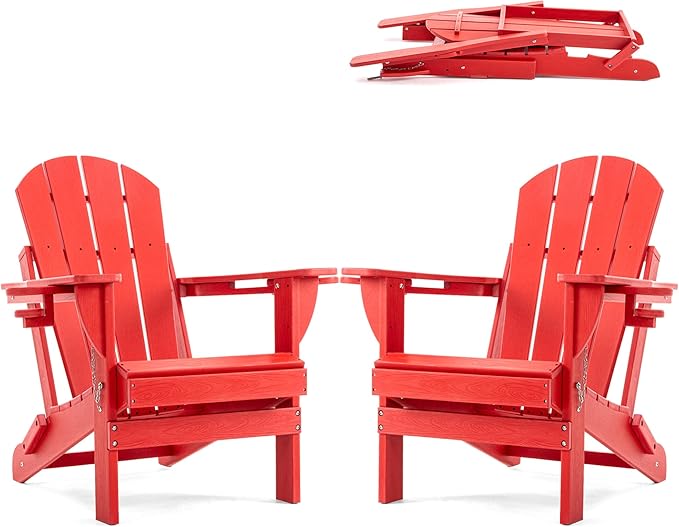 Folding Adirondack Chair, HDPE Outdoor Texture Lawn Chair with Reclining Back, Cup and Phone Holder - Comfortable Firepit Chair Weather Resistant for Patio or Backyard (Red, Set of 2)