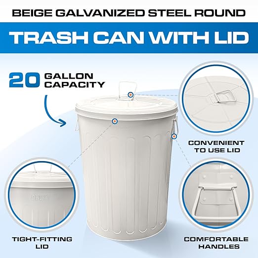 Plexon 2 Pack 20-Gallon Beige Galvanized Steel Round Trash Can with Lid Powder Coated Metal, Indoor and Outdoor Use, Durable Construction, Retro Design, Stylish