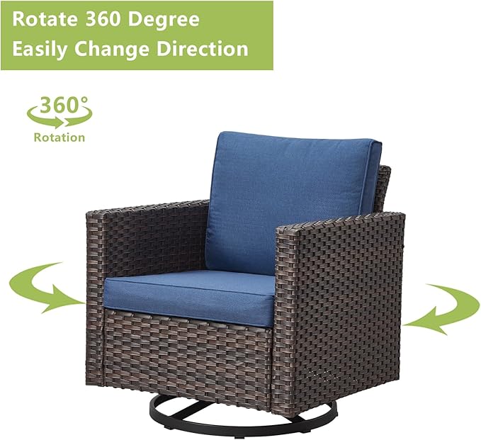Rilyson Outdoor Patio Swivel Rocker Chairs - Wicker Patio Swivel Rocking Chairs Set of 2 with Waterproof Wicker,Comfortable Cushions and Sturdy Metal Frame for Outside Porch Deck Backyard(Brown/Blue)