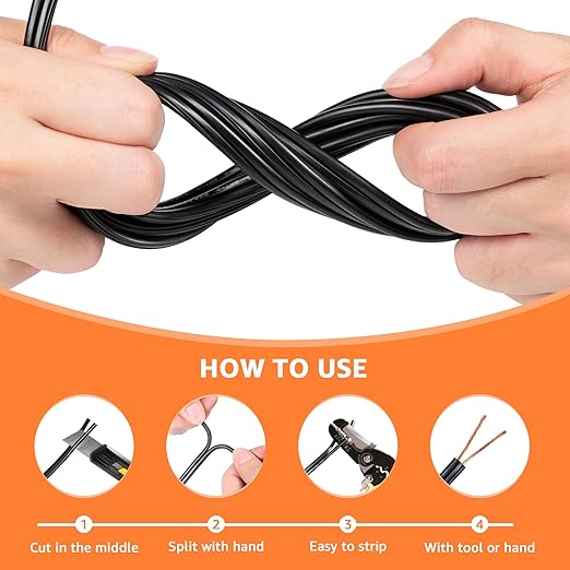 SUNVIE 100FT 14 Gauge Low Voltage Wire 14/2 Low Voltage Landscape Wire, 14 Gauge Stranded Copper Wire Direct Burial Lamp Wire 14 AWG 2 Conductor Electric Wire for Landscape Lighting, ETL Listed