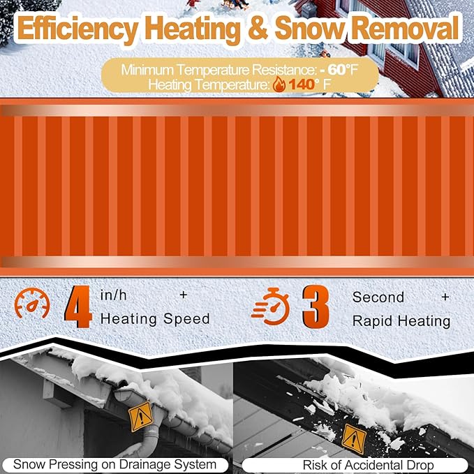 Heated Snow Melting Mats, 10ft x 13in Roof Heat Tape,Heater Ice Dam Prevention Heated Outdoor Mats Electric Snow Melting Mats for Winter Snow Removal (10 ft x 13 in)