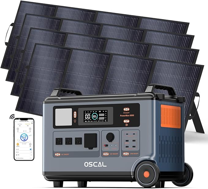 OSCAL PowerMax 6000 120V/240V Solar Generator with 4x400W Solar Panel, 6000W Portable Power Station AC Outlets (9000W Peak), 2200W AC Charging/2400W PV Charging, Battery Backup for Home, Emergency