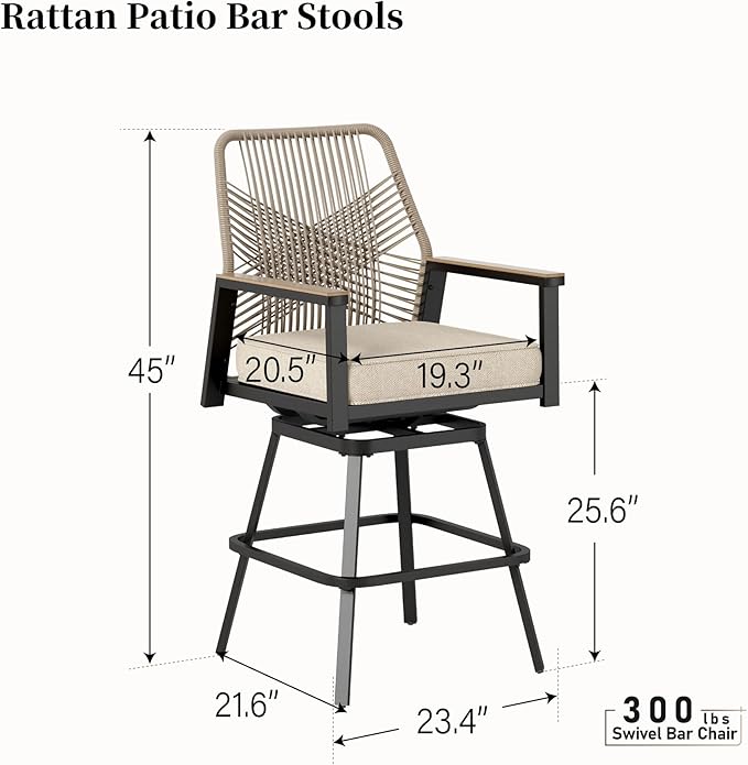 Outdoor Swivel Bar Stools Set of 2, Rattan High Top Patio Chairs with Waterproof Cushion and Armrest, All-Weather Bar Height Furniture for Outside Patio Balcony and Pool, Beige