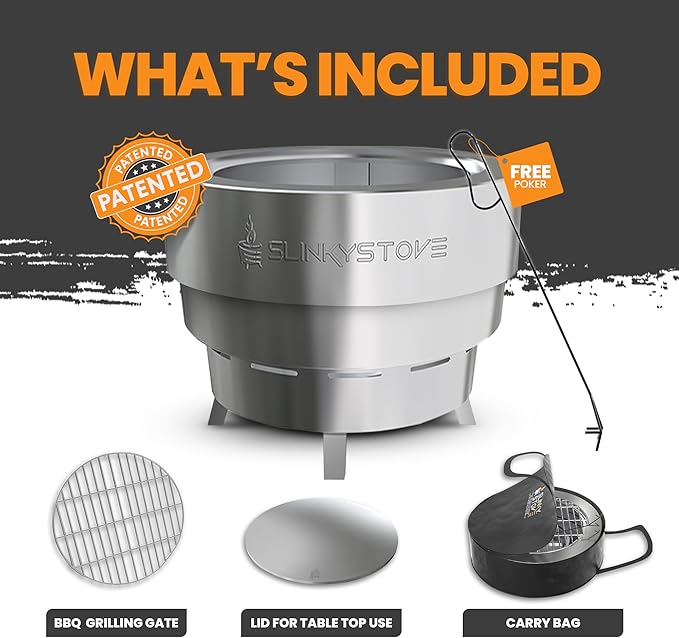 Slinky Stove Smokeless Fire Pit for Outdoor Wood-Burning - 17-Inch Patented Collapsible Firepit with Cooking Grill - Portable Stainless Steel Solo Pit for Camping, Backyard, Patio Bonfires