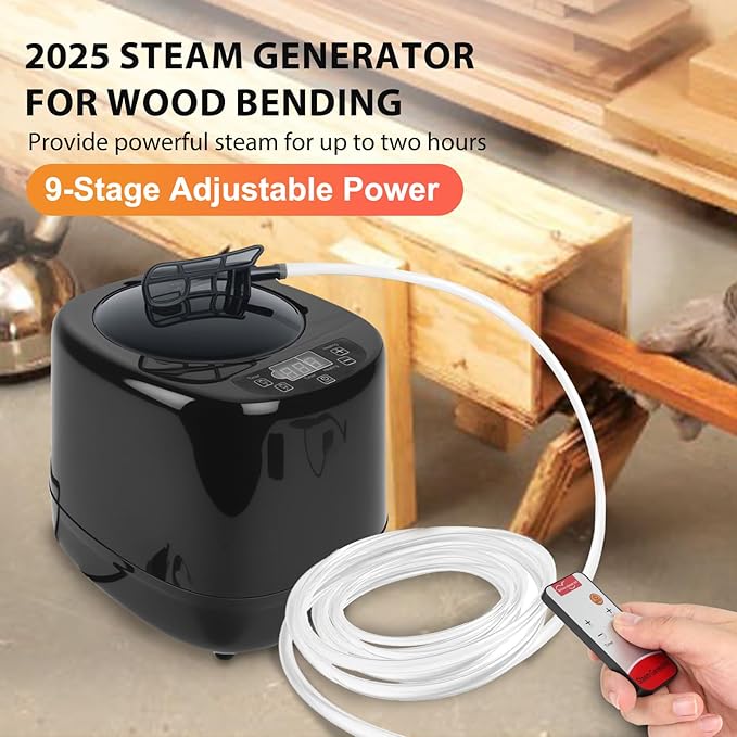 Wood Bending Steam Generator –1350W Electric Wood Steamer Kit with 9-Stage Power, 10m Remote, Triple Safety – Steam Box for Wood Projects & Curved Designs -Steam Box Plan/Accessories