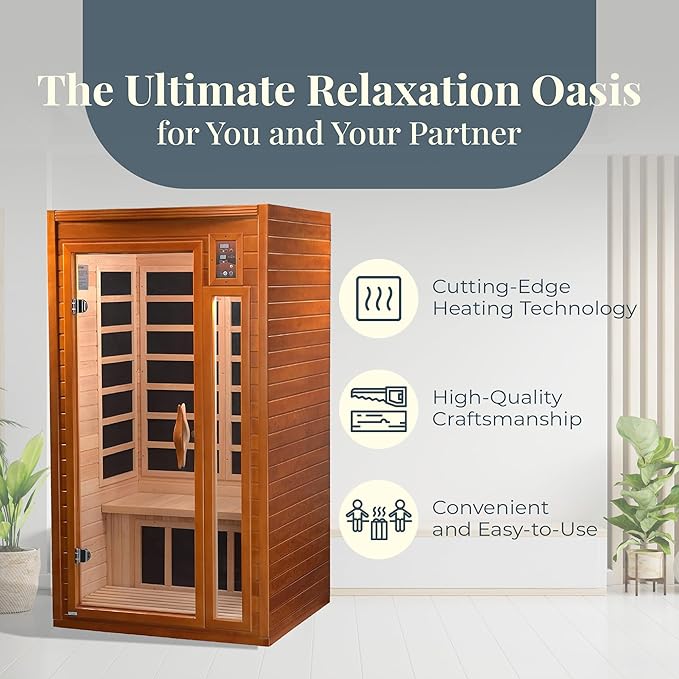 DYNAMIC SAUNAS Barcelona 1- to 2-Person Low EMF FAR Infrared Sauna with Red Light Therapy & Bluetooth Speakers | Personal Indoor Dry Heat Sauna for Home & Gym – Made from Canadian Hemlock