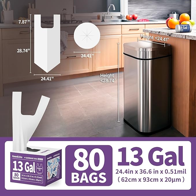 Small Trash Bags with Handles 13 Gallon 80 Count White - Ocean Plastic Upcycling - Plastic Garbage Bags, Can Bin & Waste Basket Liner for Kitchen, Bathroom, Office and Pets
