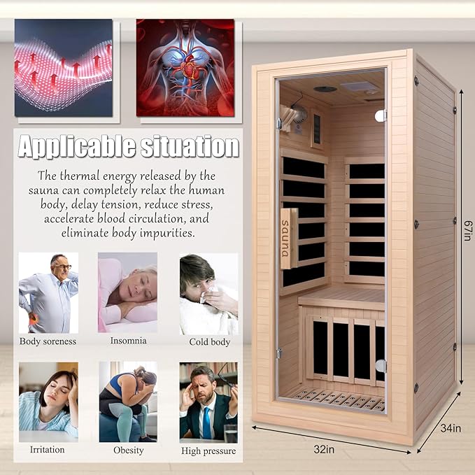 Infrared Home Sauna Room 1 Person Hemlock Wooden Indoor Dry Sauna，Low EMF 1200W/110V Heaters Panels,LCD Control Panel,10 Minutes Pre-Warm up,Time and Temp Pre-Set,1-Year Aftersale