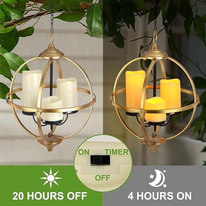 SUNNYPARK Battery Operated Outdoor Candle Chandelier - Gold and Black Metal Globe Hanging Pendant Light with 3 Flameless Candles, 12.6" Waterproof Lights for Gazebo, Pergola, Garden, Porch & Backyard