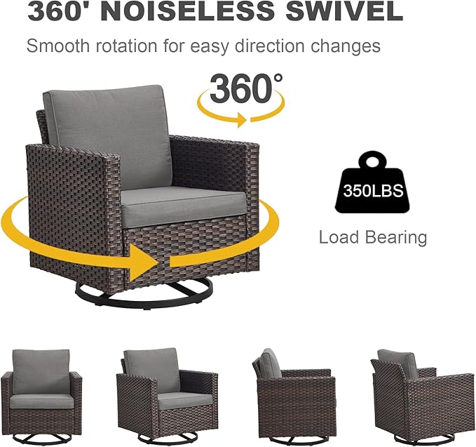 Wicker Furniture Set: 7 Piece Outdoor Furniture Set with 2 Swivel Chairs, 2 Single Chairs, Coffee Table and 2 Ottomans - Brown / Grey