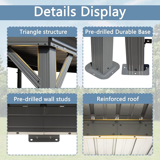 Domi 10’x12’ Wall-Mounted Hardtop Gazebo Pergola – Permanent Lean-to Outdoor Shelter with Sloped Galvanized Steel Roof & Upgraded Drainage – Grey Metal Patio Cover for Backyard, Deck, Garden