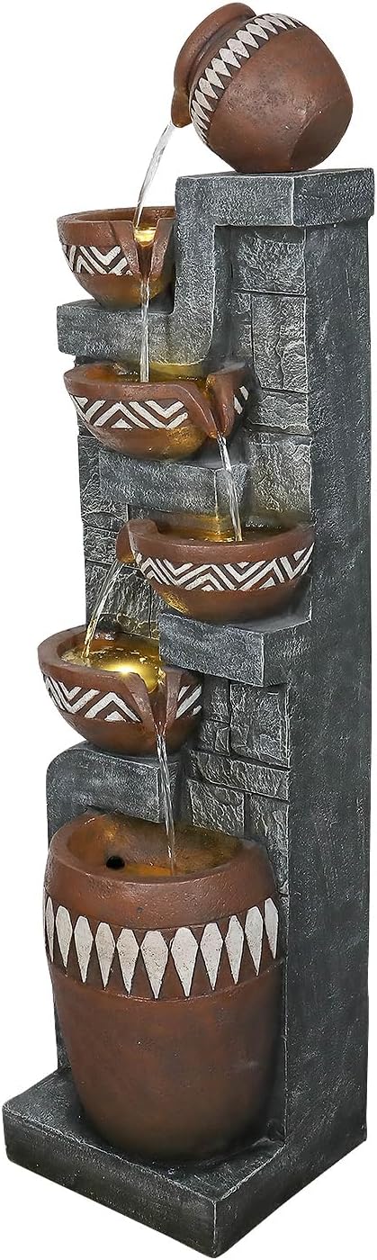 56.6in High Outdoor Indoor Water Fountain, 6-Tiered Poly-Resin Waterfall Fountain with LED Lights, Decorative Floor Standing Fountain for Garden, Patio, Yard, Home Decor