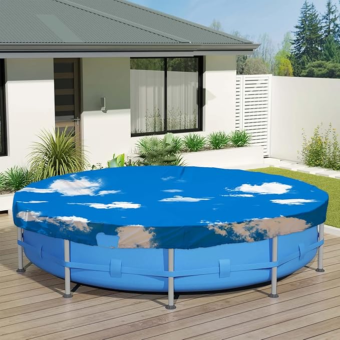 ECOOPTS 18 ft Waterproof Round Polyester Pool Cover for Above Ground Pools, Swimming Pool Cover Protector Winter Safety Cover (Blue Sky)