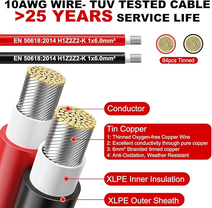 Oududianzi 2x200 Feet Solar Panel Wire, 10AWG Solar Wire Tinned Copper 10 Gauge Solar Cable PV Wire, for Outdoor Automotive RV Solar Panels Boat Marine (200FT Red + 200FT Black)
