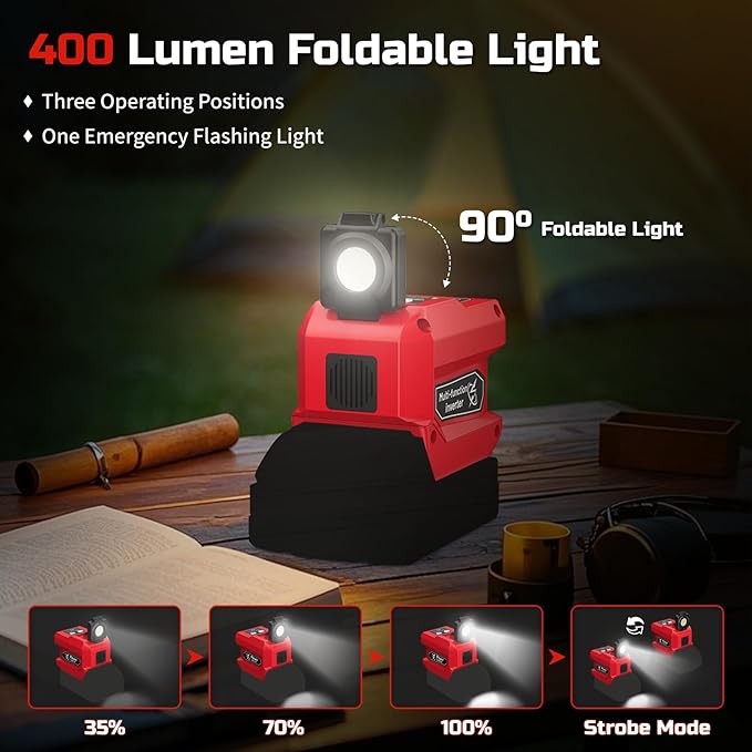 220W Power Inverter Compatible with Milwaukee 18V Battery, DC 18V to AC 110V Battery Inverter, Power Station Generator with 1 AC Outlet, 2 USB Ports & 1 Type-C Fast Charging, 400LM LED Work Light