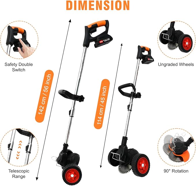 ALSO GO 24V Electric Weed Wacker, Cordless Grass Trimmer with 2 Batteries & Charger, 3 in 1 Stringless Brush Cutter/Weed Eater/Edger/Lawn Mower with 3 Types Blade & Wheels for Garden and Yard Lawn