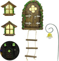 Fairy Door and Windows Garden Kit Accessories Outdoor, Glow in Dark Gnome House for Tree, Lawn Yard Art Sculpture, Miniature Garden Decor (Ladder)