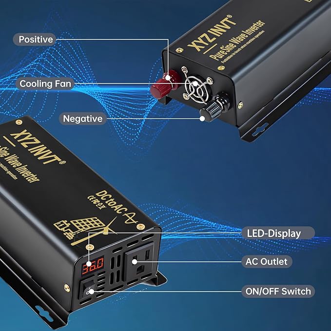 300W Pure Sine Wave Inverter DC 36V to AC 110V 120V Power Converter 600W Peak with LED Display for Most Small Power Appliances