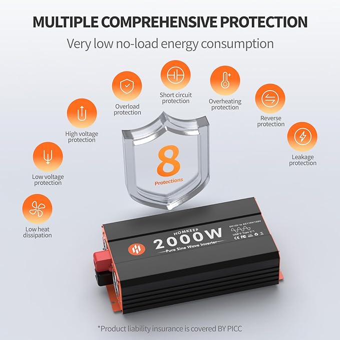 2000W Pure Sine Wave Power Inverter 12V DC to 110V AC Converter Peak Power 4000W for RV Truck Off-Grid Solar Car Inverter with 3 AC Outlets, 2 USB & 1 Type-C Ports, Cables Included, Remote Controller